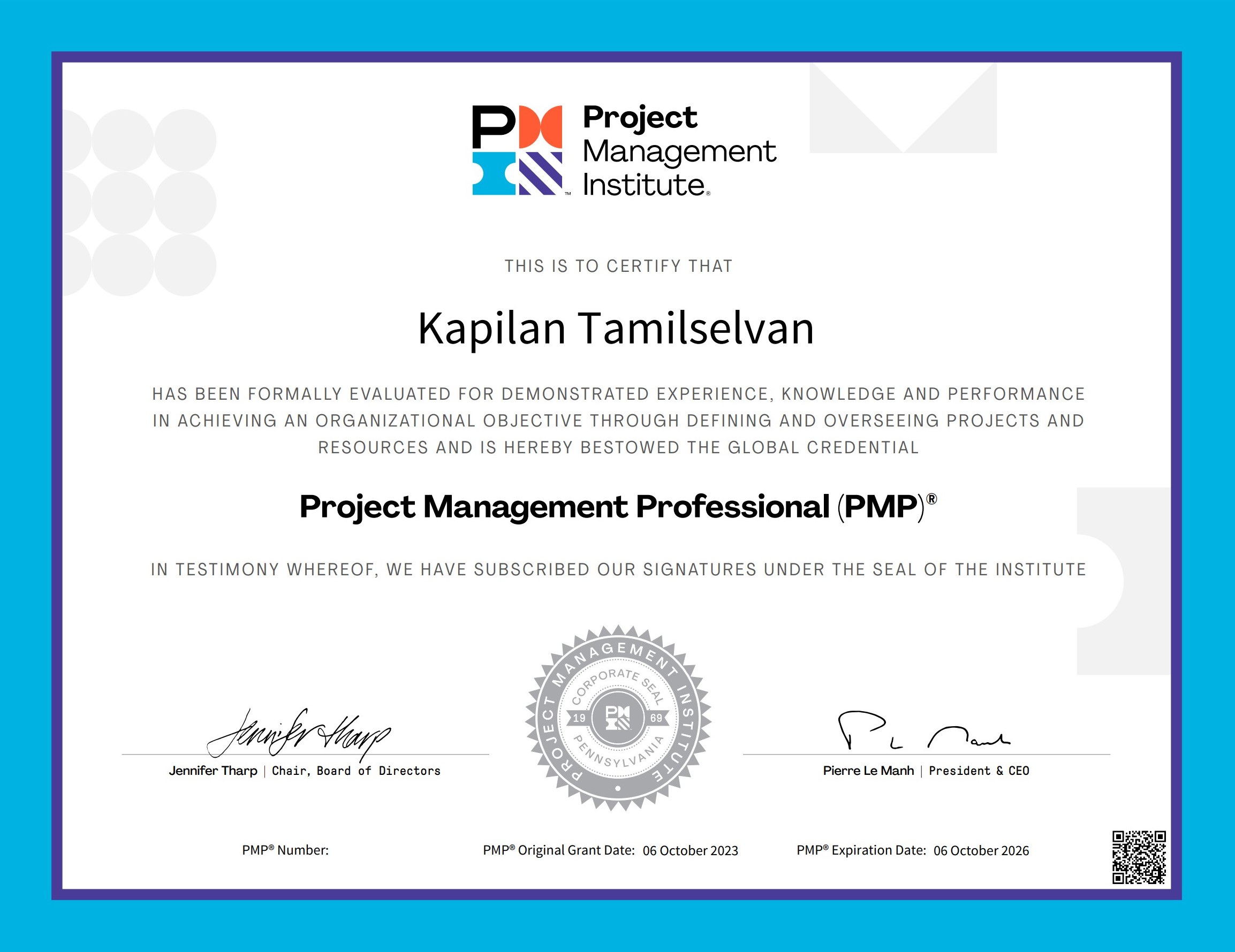 Kapilan Tamilselvan PMP Certificate (PMP Number Redacted)